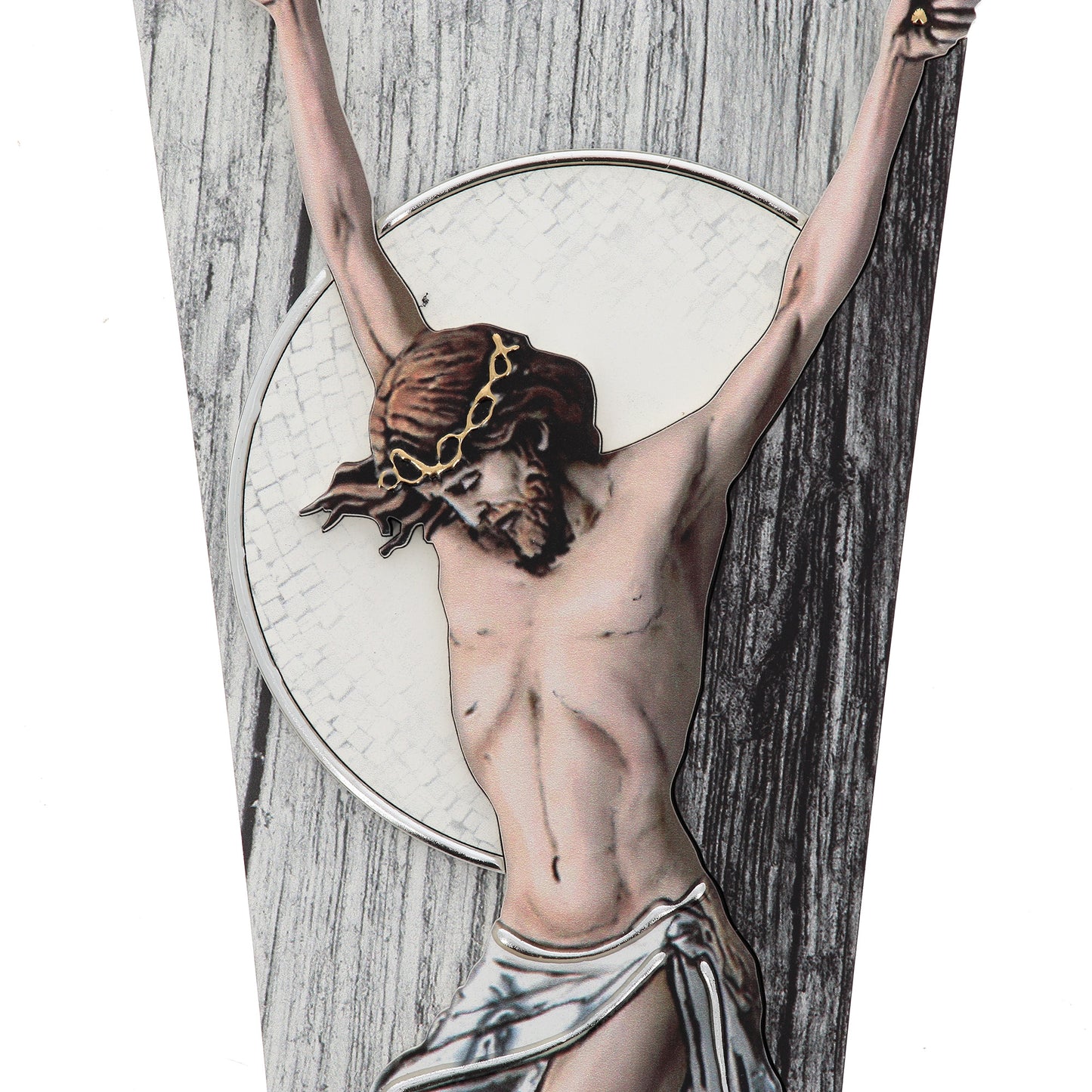 Crocifisso moderno effetto legno grigio
e decorazioni argentate in rilievo fatte a mano cm 15x45