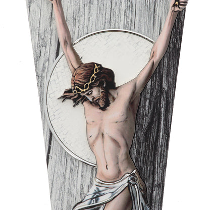 Crocifisso moderno effetto legno grigio
e decorazioni argentate in rilievo fatte a mano cm 15x45