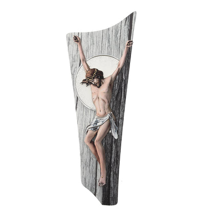 Crocifisso moderno effetto legno grigio
e decorazioni argentate in rilievo fatte a mano cm 15x45
