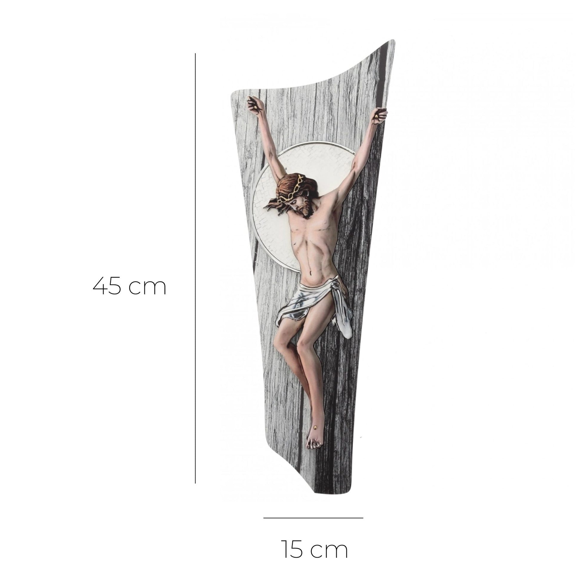 Crocifisso moderno effetto legno grigio
e decorazioni argentate in rilievo fatte a mano cm 15x45