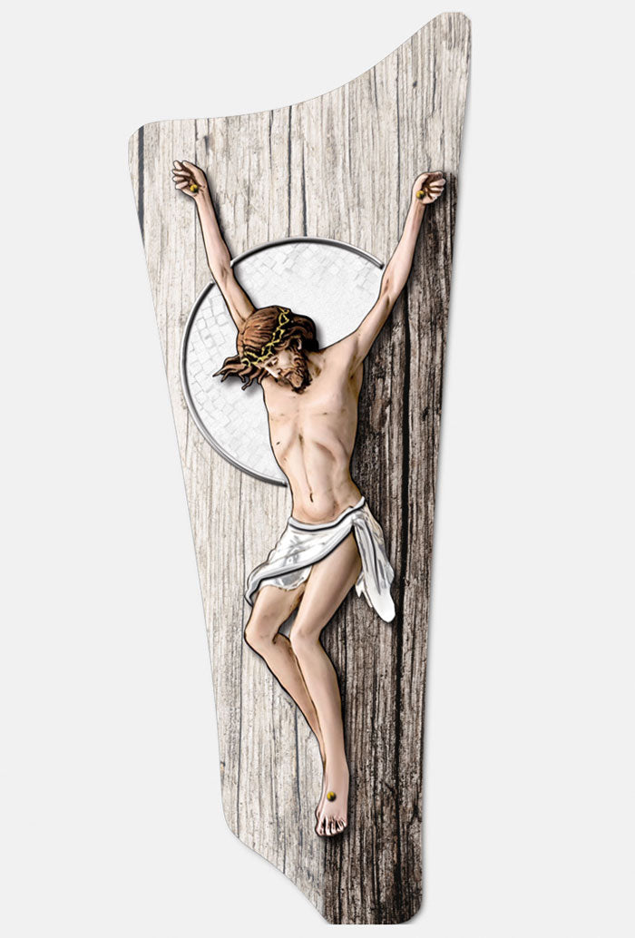 Crocifisso moderno effetto legno grigio
e decorazioni argentate in rilievo fatte a mano cm 15x45