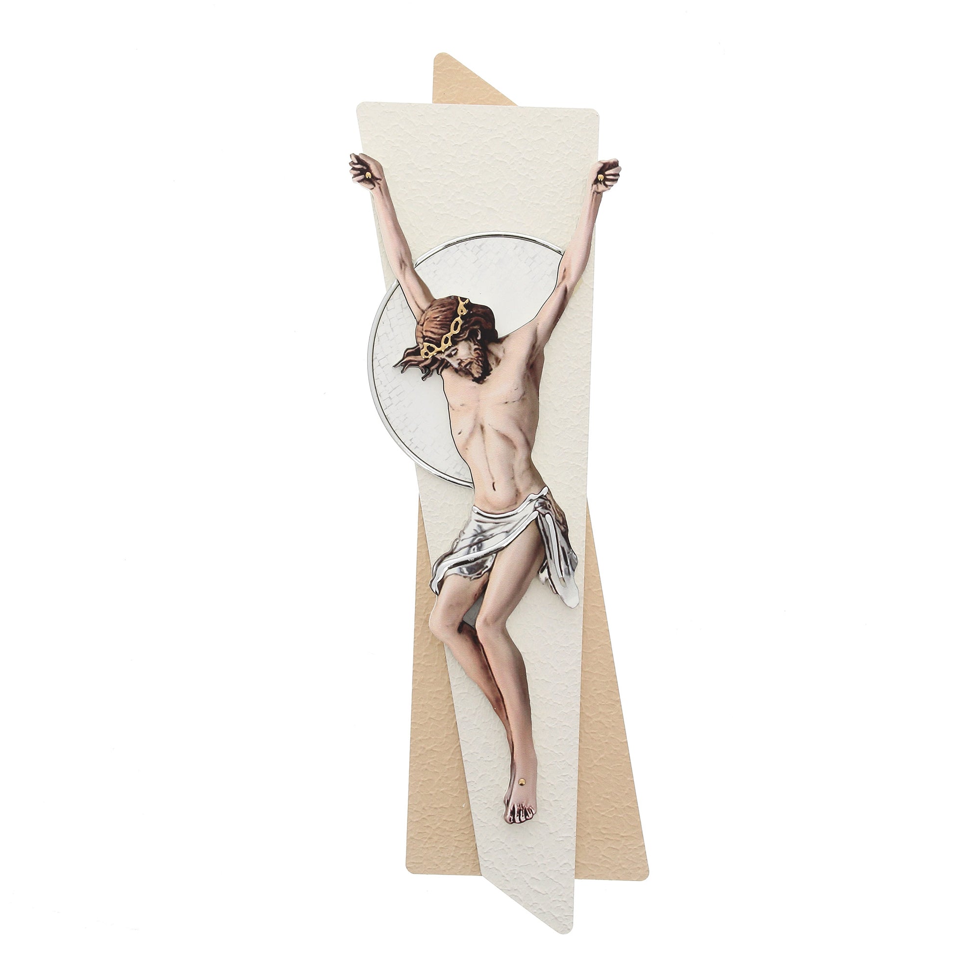 Crocifisso effetto legno e decorazioni in rilievo. Altezza 46 cm