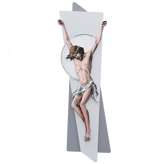Crocifisso moderno con finitura a stucco grigio
e decorazioni argentate in rilievo fatte a mano cm 15x46