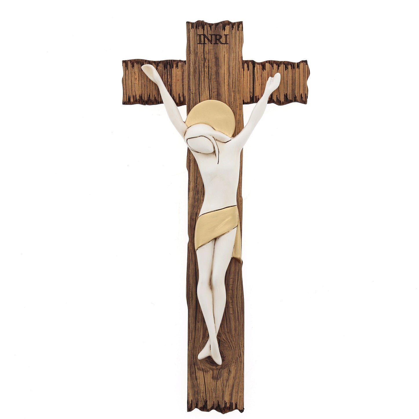 Crocifisso stile legno e corpo con decorazioni dorate. Altezza 38 cm