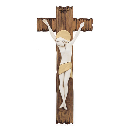 Crocifisso stile legno e corpo con decorazioni dorate. Altezza 38 cm