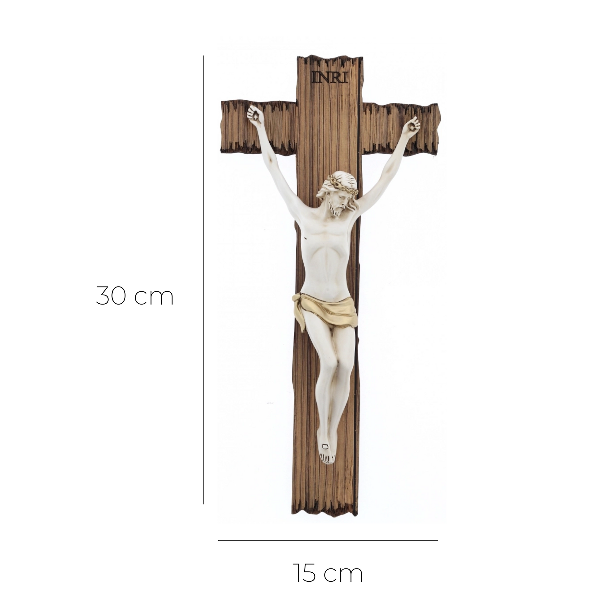 Crocifisso stile legno e corpo con decorazioni dorate. Altezza 30 cm