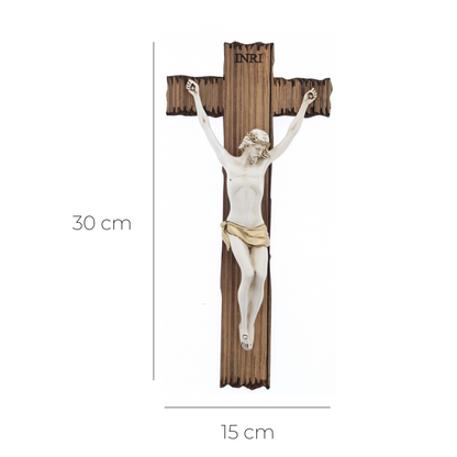 Crocifisso stile legno e corpo con decorazioni dorate. Altezza 30 cm