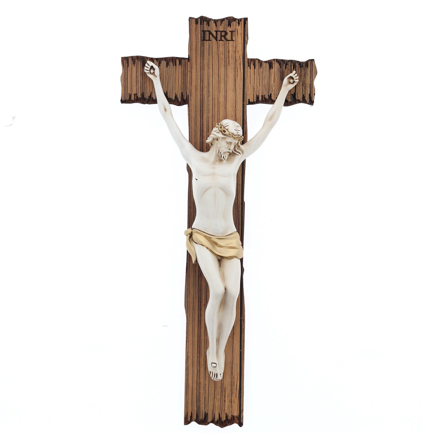 Crocifisso stile legno e corpo con decorazioni dorate. Altezza 30 cm
