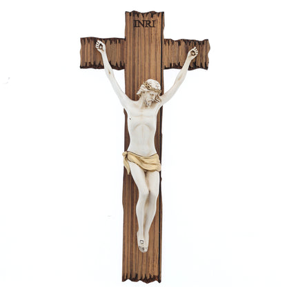 Crocifisso stile legno e corpo con decorazioni dorate. Altezza 30 cm