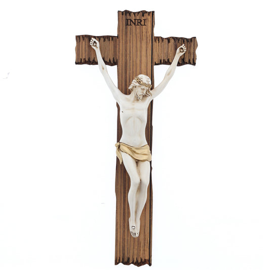 Crocifisso stile legno e corpo con decorazioni dorate. Altezza 38 cm