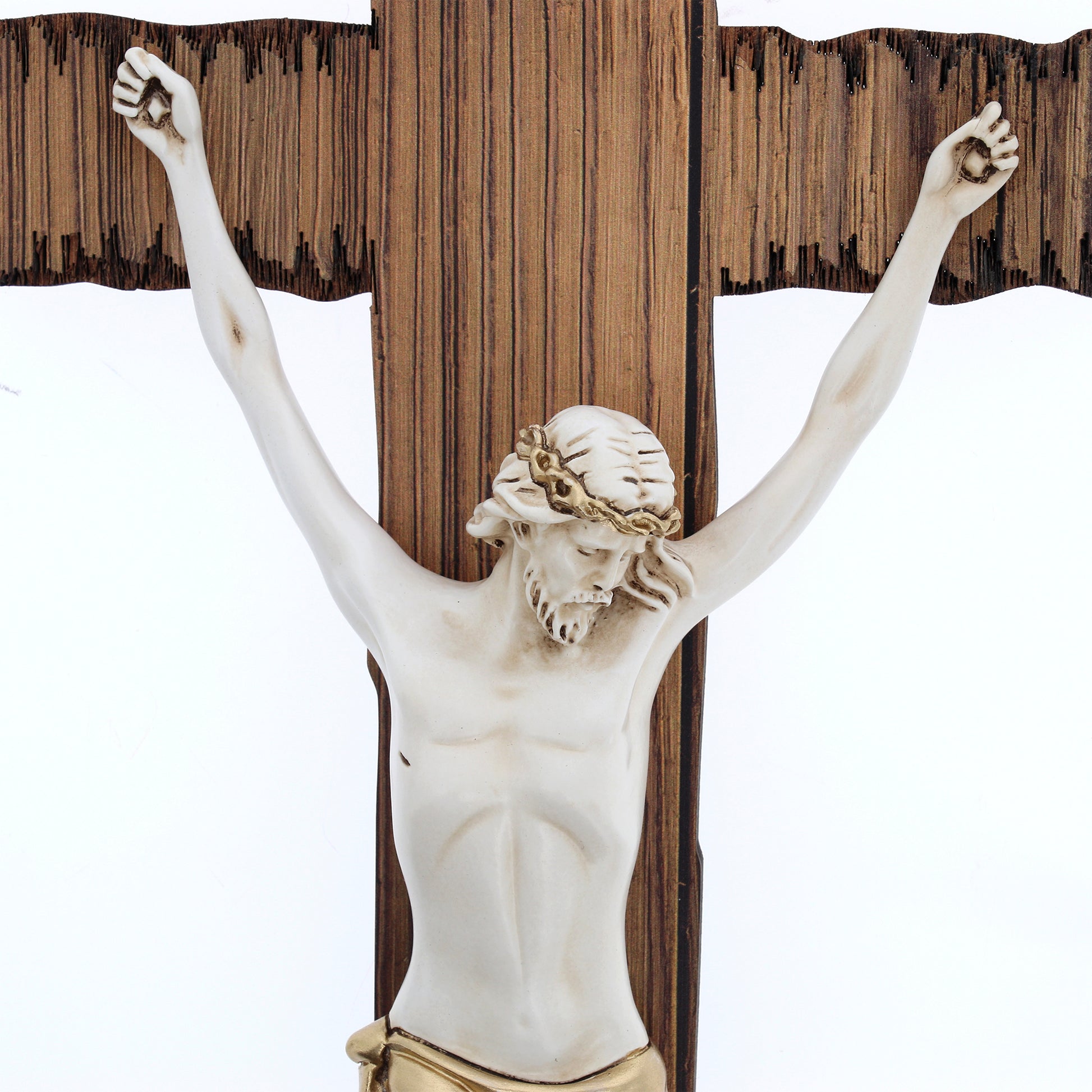 Crocifisso stile legno e corpo con decorazioni dorate. Altezza 30 cm