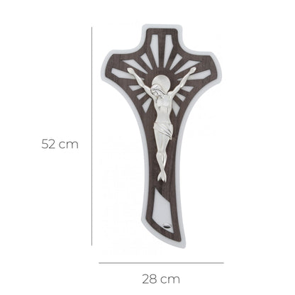 Crocifisso moderno in legno e corpo in resina argentata. Altezza 52 cm