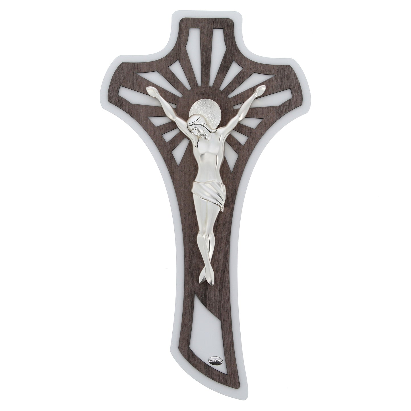 Crocifisso moderno in legno e corpo in resina argentata. Altezza 52 cm