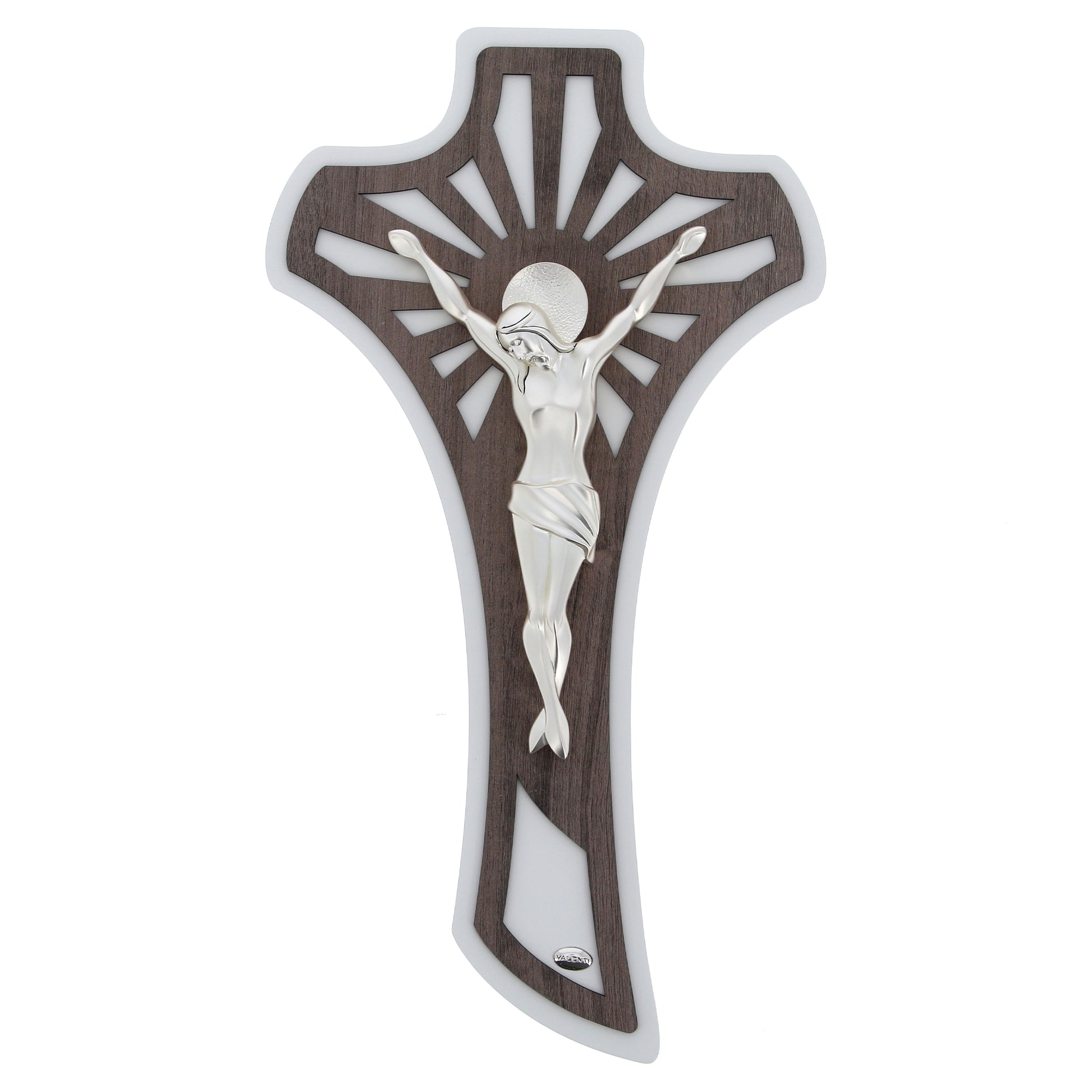 Crocifisso moderno in legno e corpo in resina argentata. Altezza 52 cm