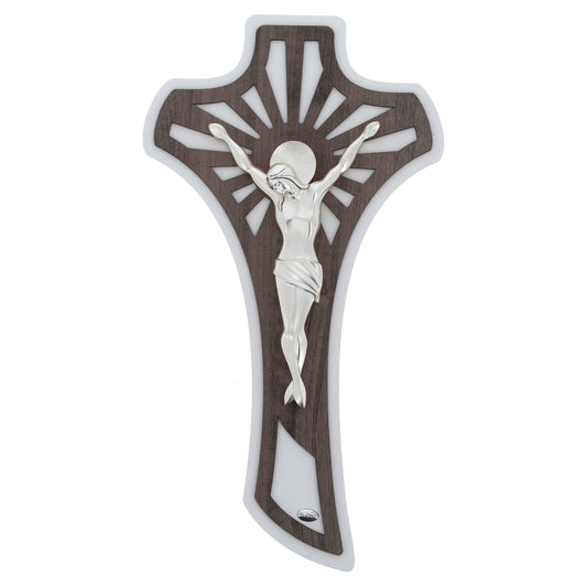 Crocifisso moderno in legno e corpo in resina argentata. Altezza 52 cm