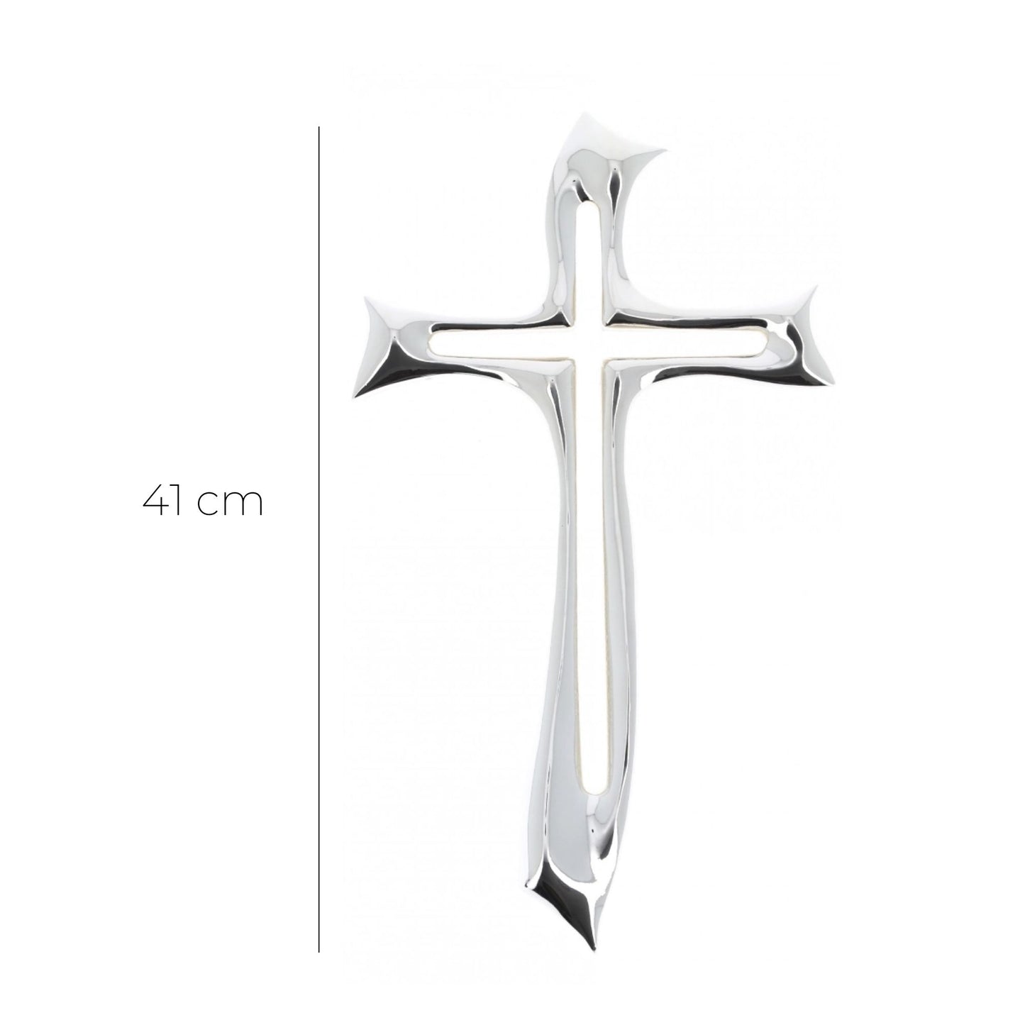 Croce stilizzata in resina argentata. Altezza 41 cm