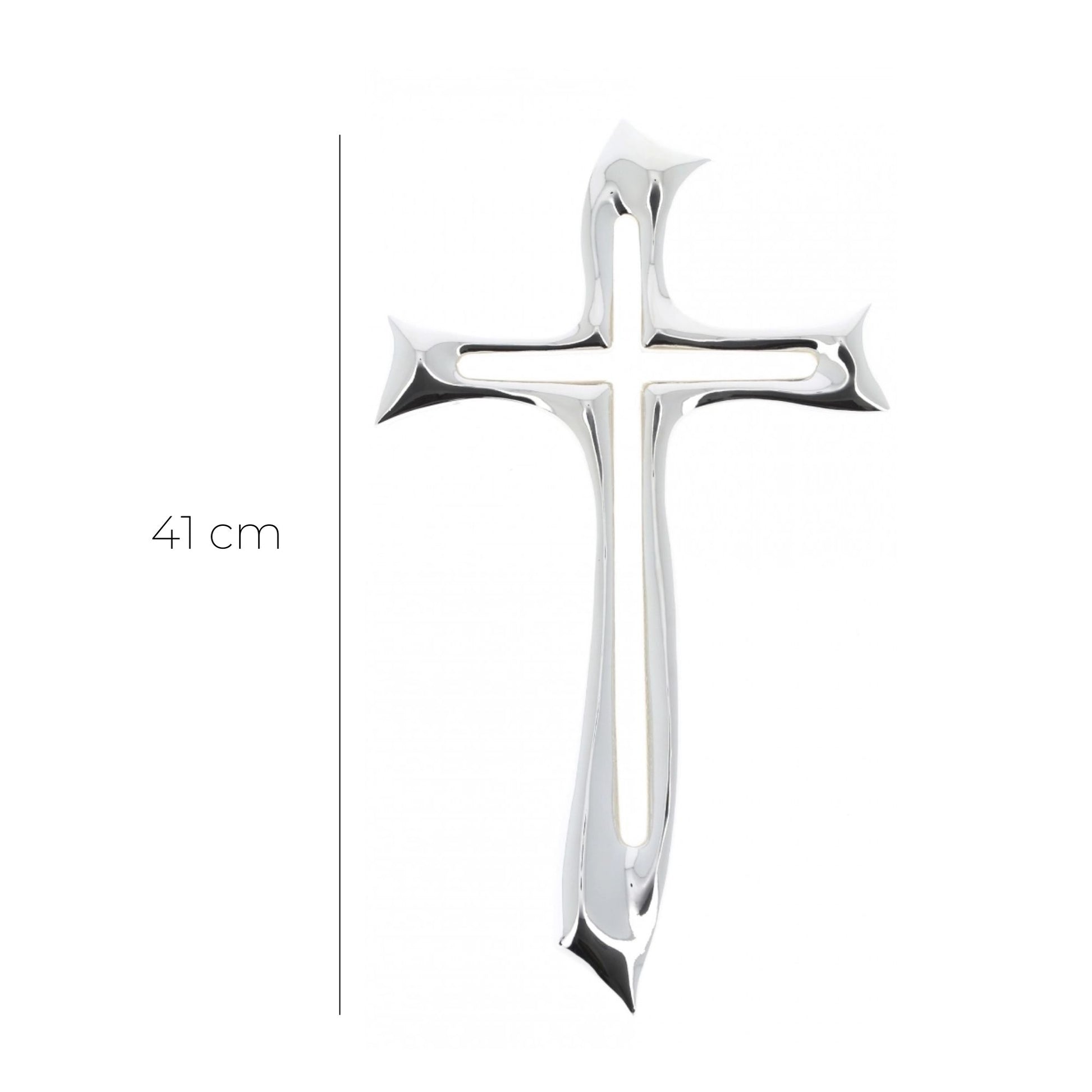 Croce stilizzata in resina argentata. Altezza 41 cm