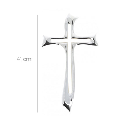 Croce stilizzata in resina argentata. Altezza 41 cm
