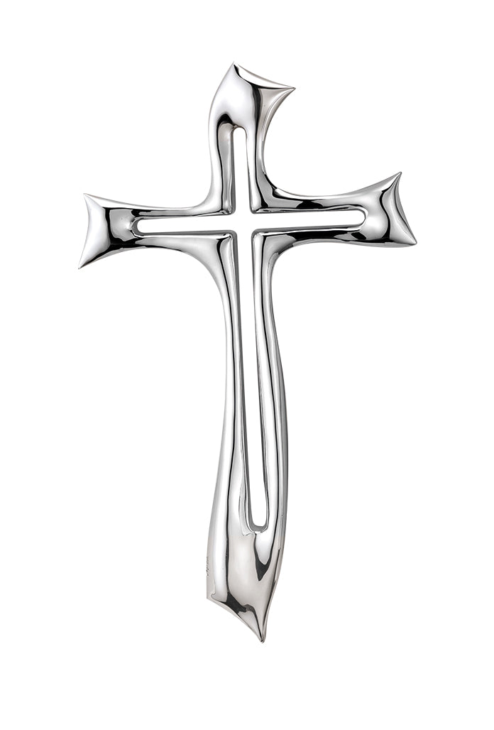 Croce stilizzata in resina argentata. Altezza 41 cm
