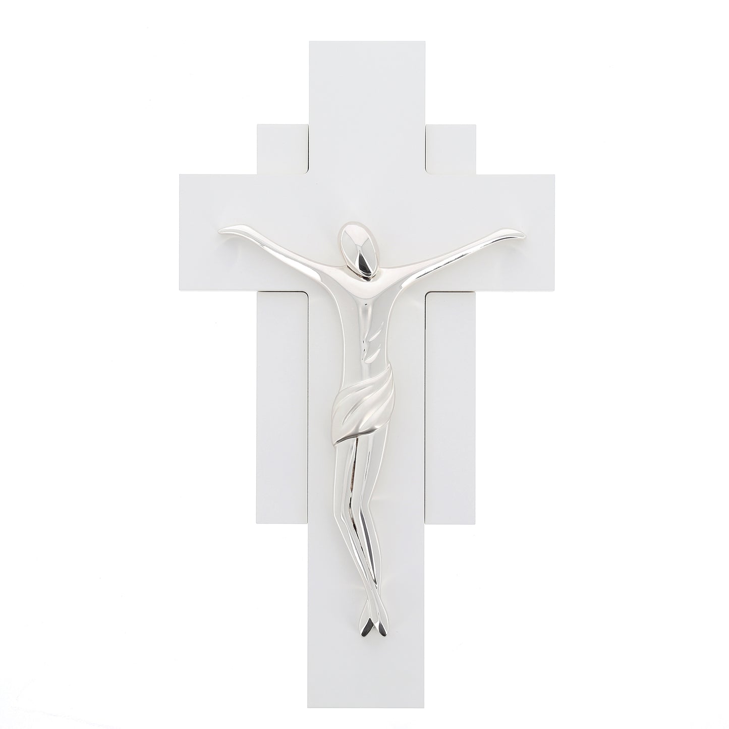 Crocifisso in legno bianco e corpo in resina argentata. Altezza 40 cm