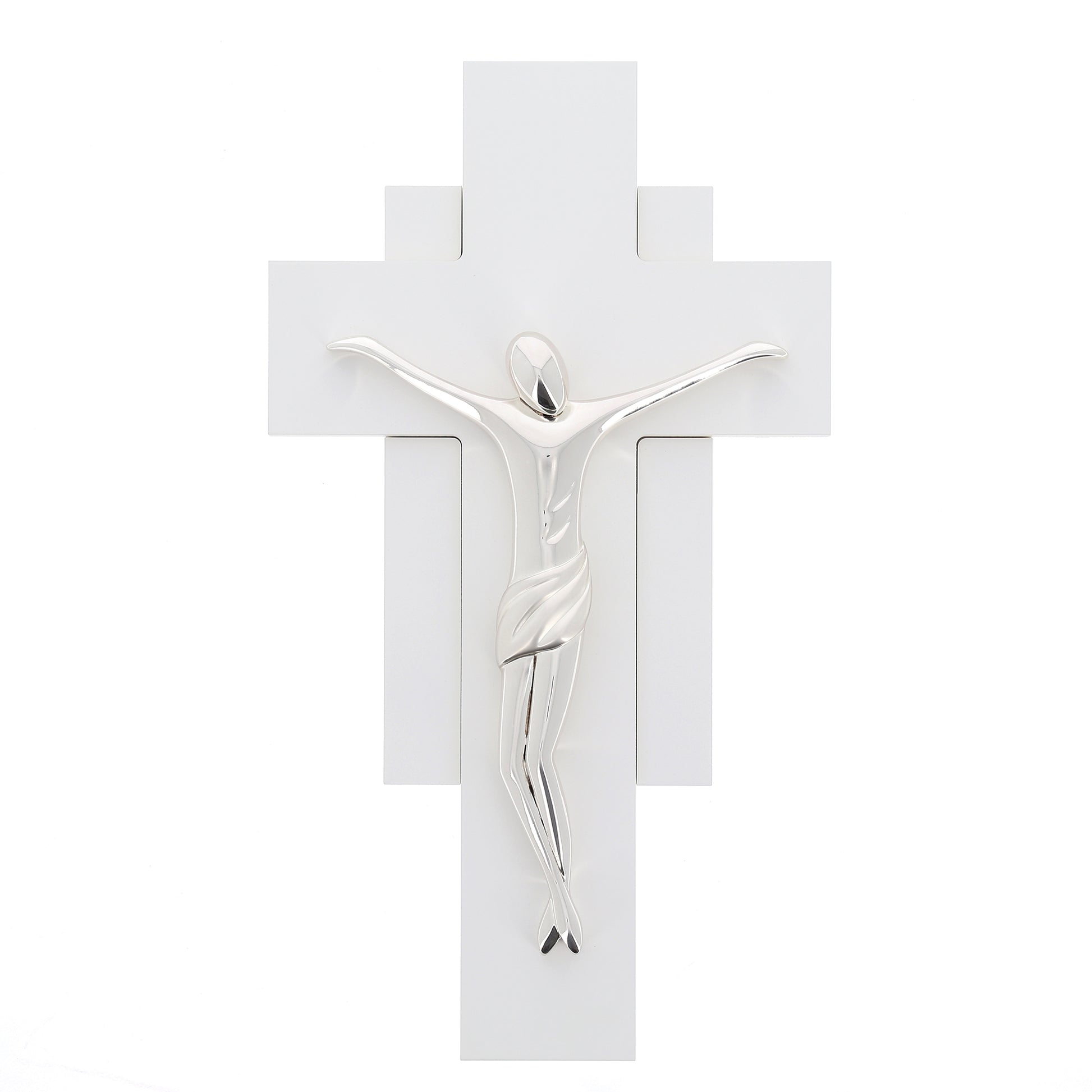 Crocifisso in legno bianco e corpo in resina argentata. Altezza 40 cm