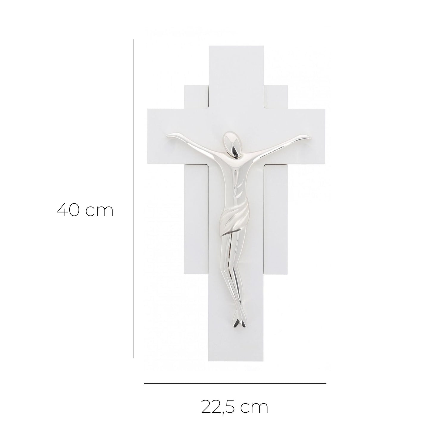 Crocifisso in legno bianco e corpo in resina argentata. Altezza 40 cm