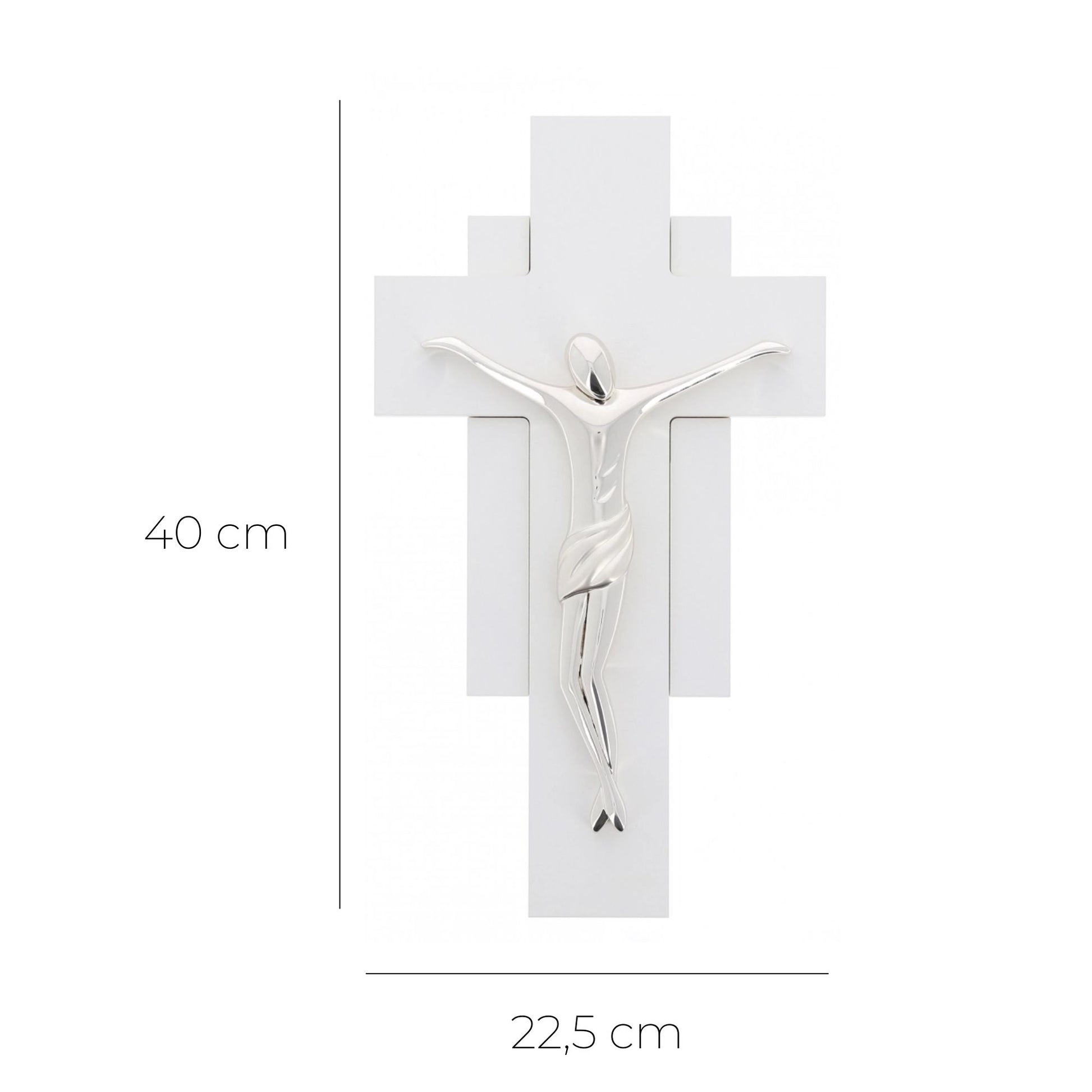 Crocifisso in legno bianco e corpo in resina argentata. Altezza 40 cm