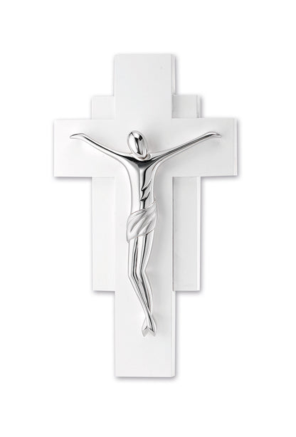 Crocifisso in legno bianco e corpo in resina argentata. Altezza 40 cm
