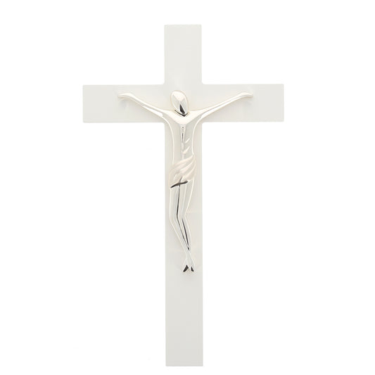 Crocifisso in legno bianco e corpo in resina argentata. Altezza 46 cm