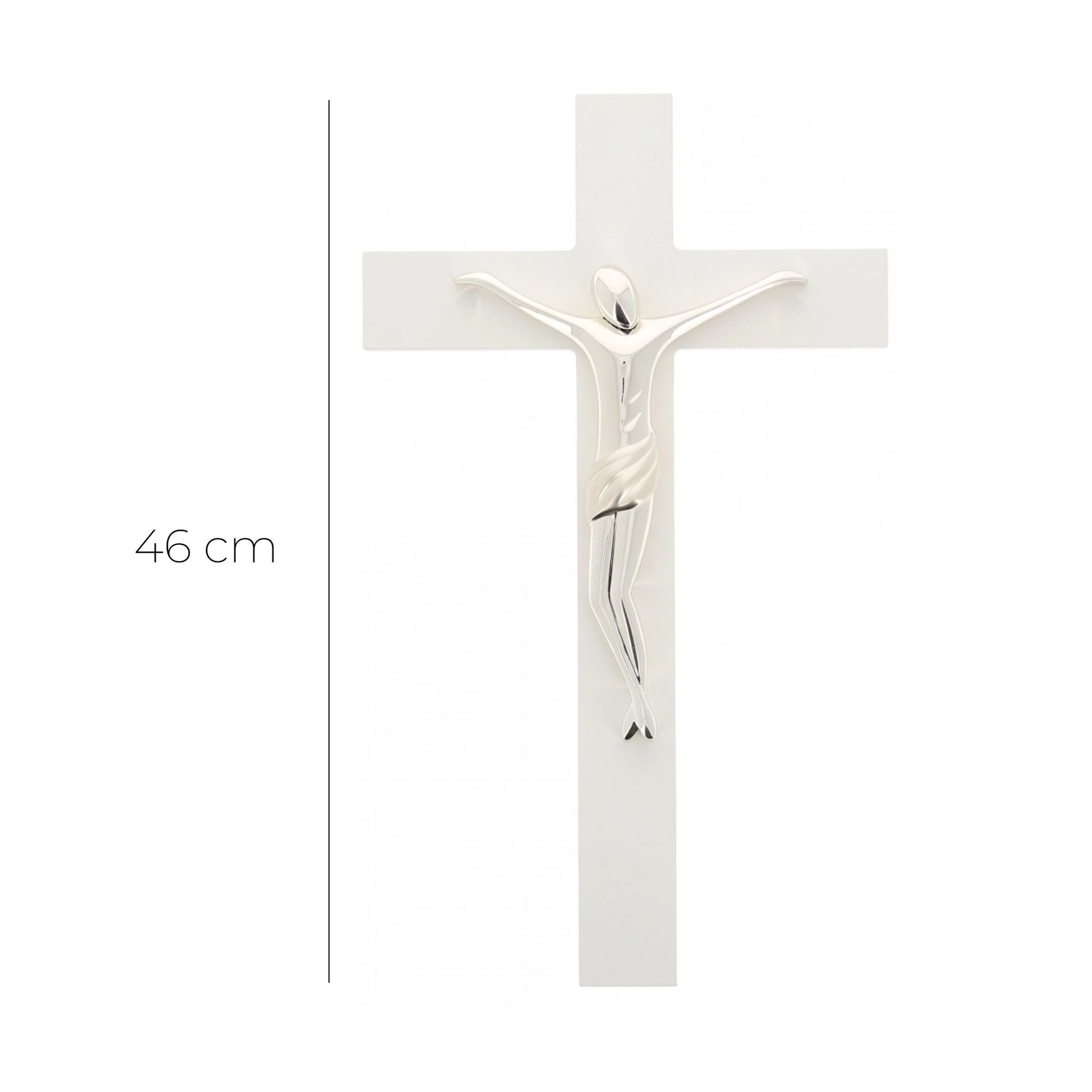 Crocifisso in legno bianco e corpo in resina argentata. Altezza 46 cm