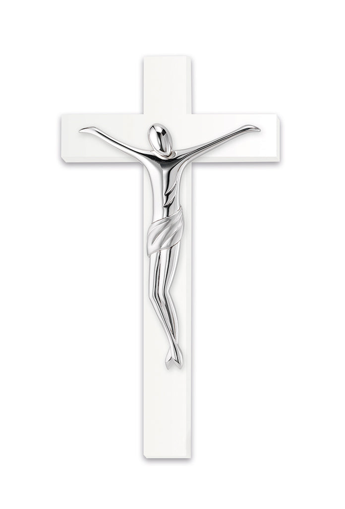 Crocifisso in legno bianco e corpo in resina argentata. Altezza 46 cm