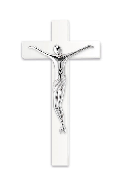 Crocifisso in legno bianco e corpo in resina argentata. Altezza 46 cm