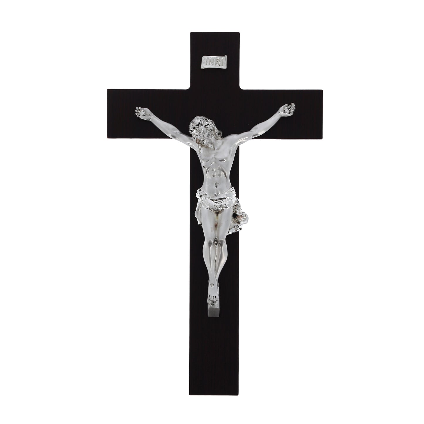 Crocifisso in legno e corpo in resina argentata. Altezza 37 cm