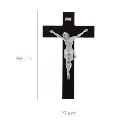 Crocifisso in legno e corpo in resina argentata. Altezza 46 cm