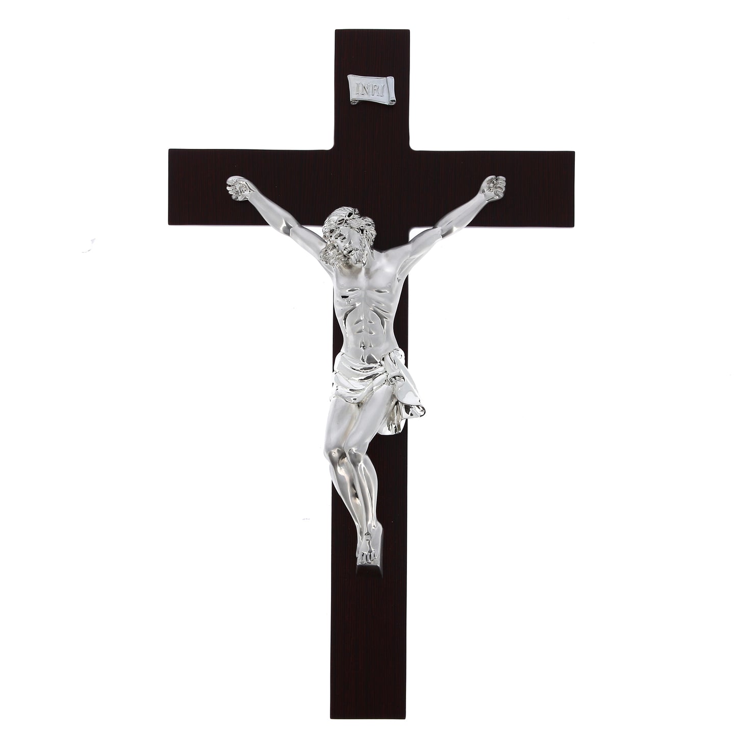 Crocifisso in legno e corpo in resina argentata. Altezza 46 cm