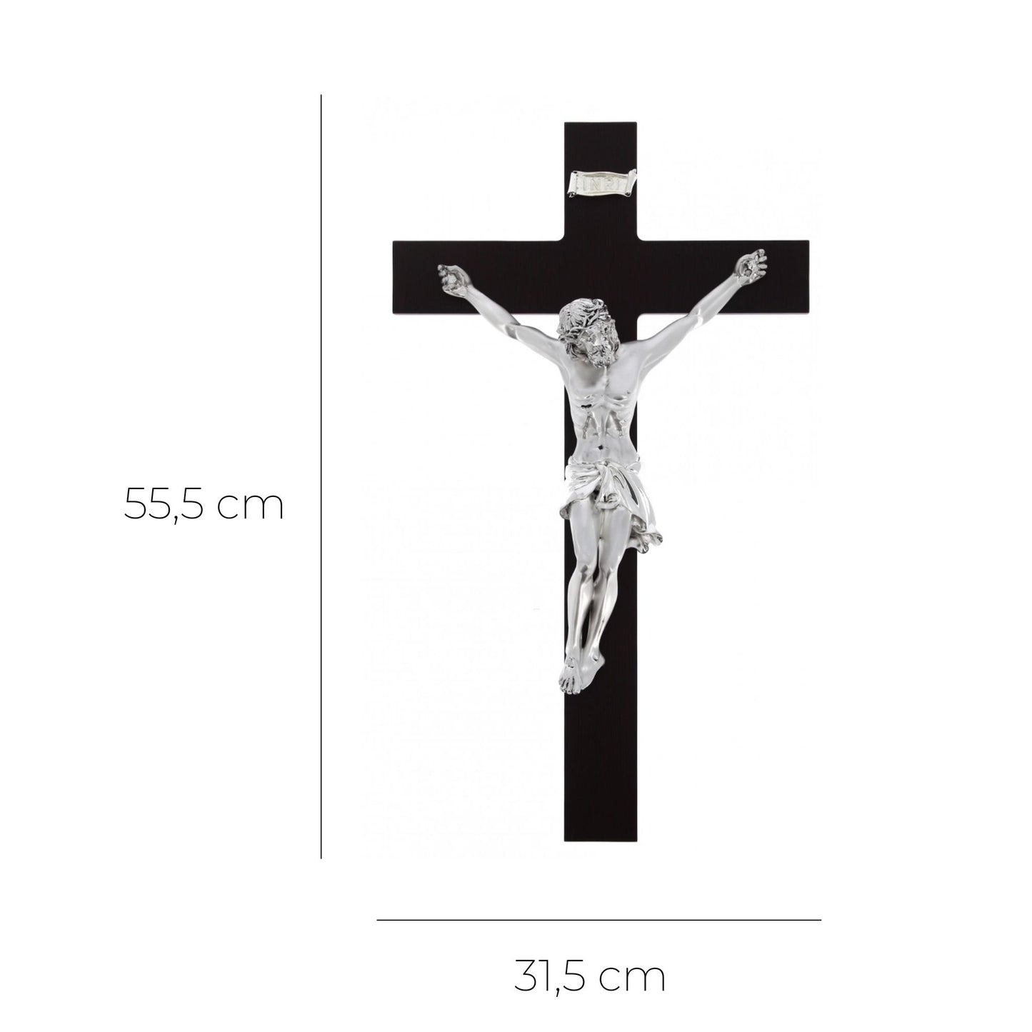 Crocifisso in legno e corpo in resina argentata. Altezza 55,5 cm