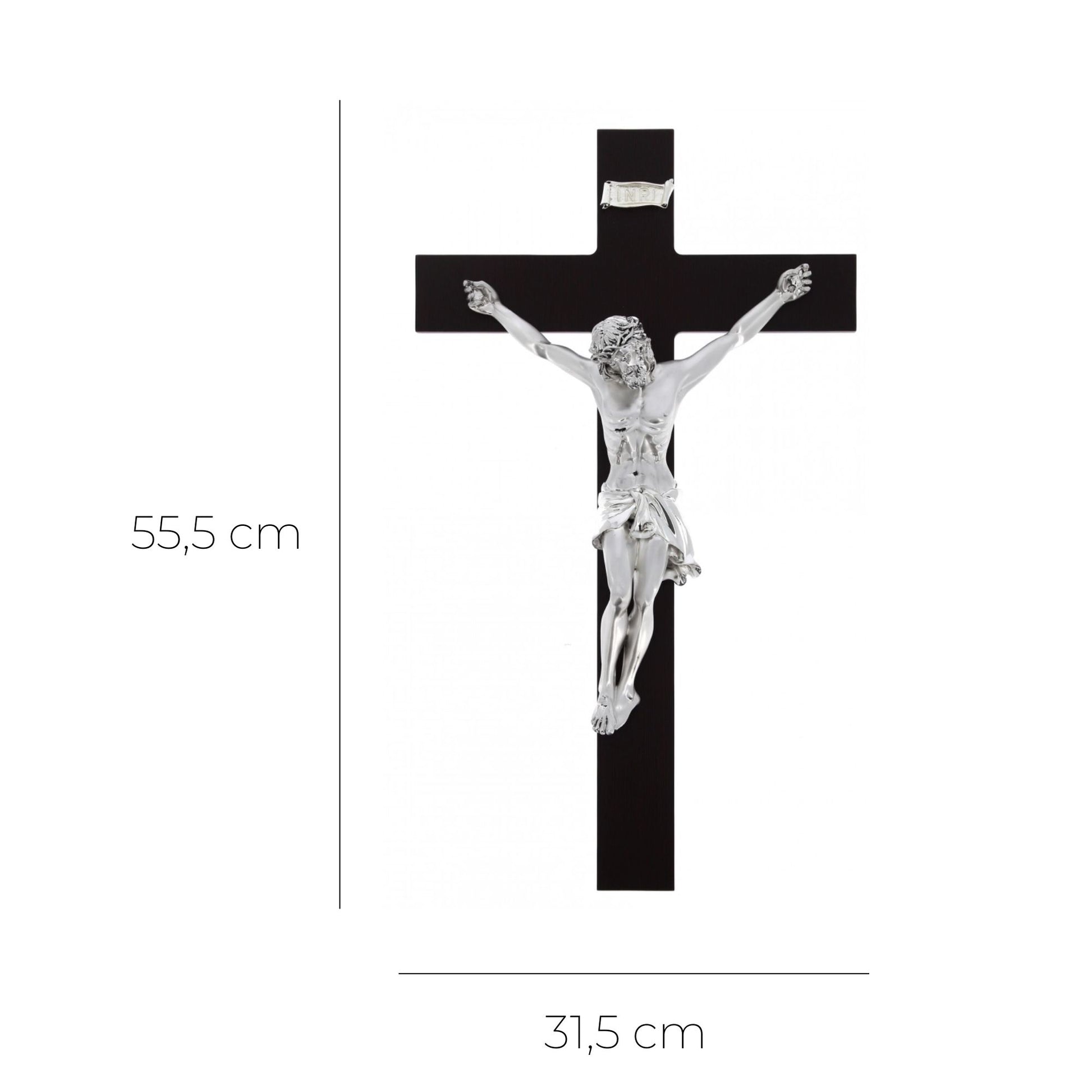 Crocifisso in legno e corpo in resina argentata. Altezza 55,5 cm