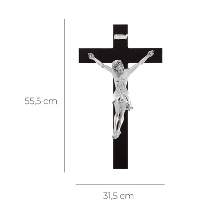 Crocifisso in legno e corpo in resina argentata. Altezza 55,5 cm
