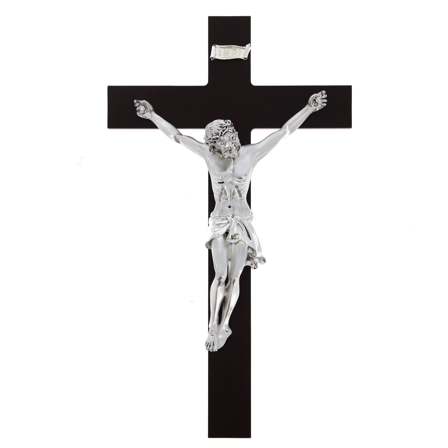 Crocifisso in legno e corpo in resina argentata. Altezza 55,5 cm