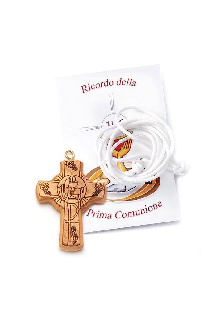 Ciondolo Croce Comunione in legno d'olivo in confezione. Dimensioni 3,7x5 cm