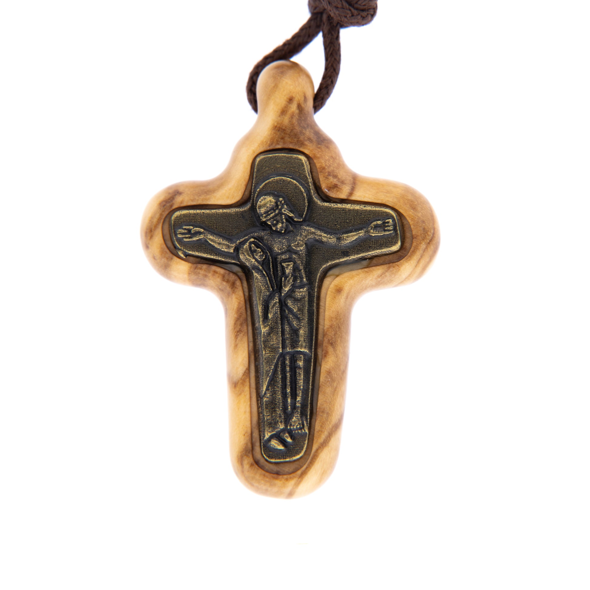 Ciondolo Croce Riconciliazione in olivo e metallo bronzato, con laccio 4x2,7 cm