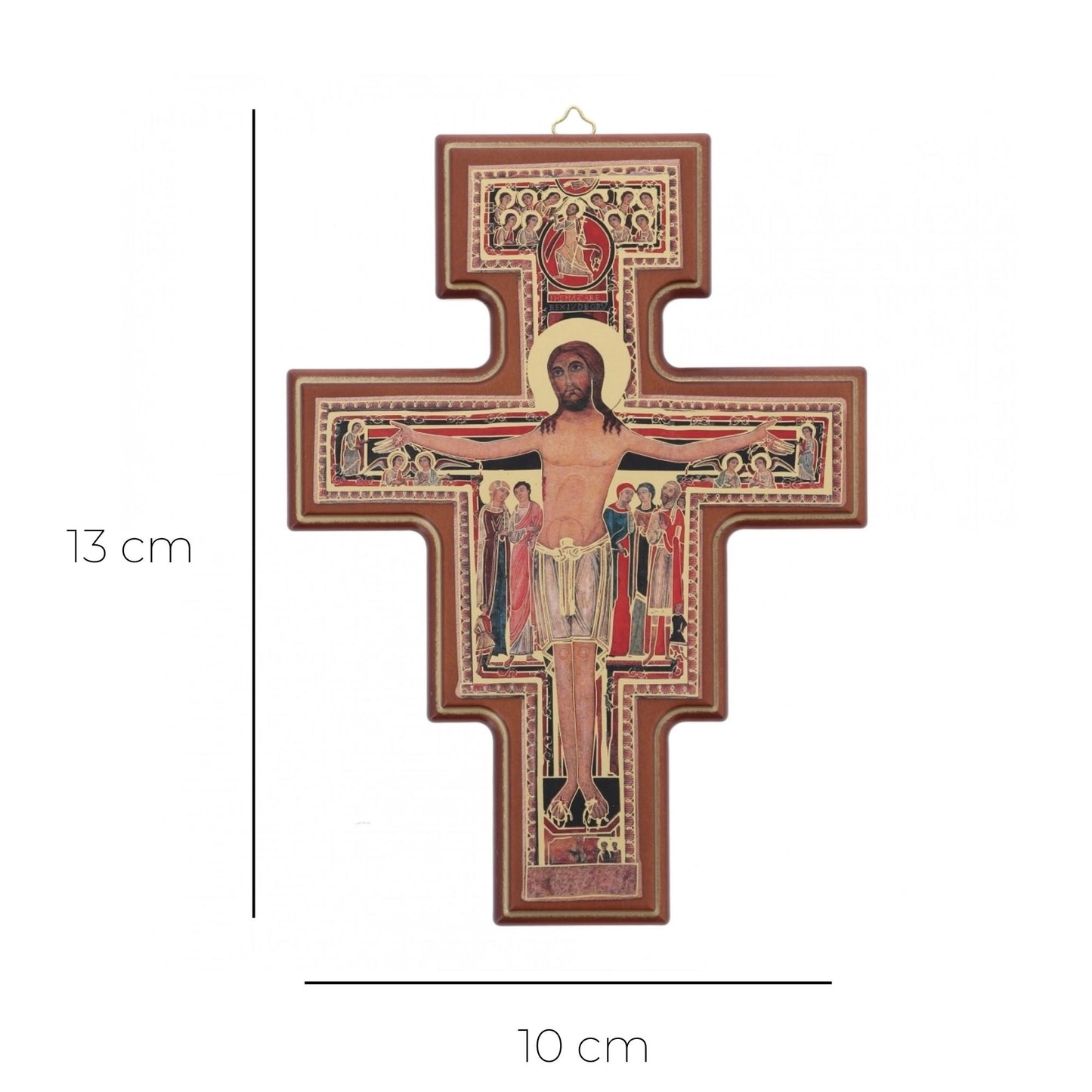 Croce San Damiano in legno e invecchiamento oro. Altezza 13 cm