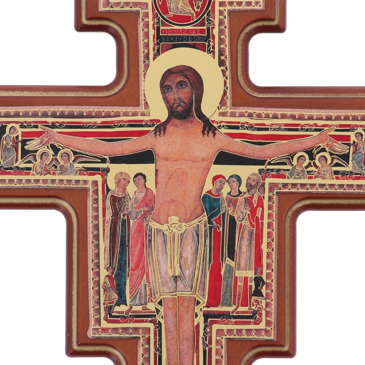 Croce San Damiano in legno e invecchiamento oro. Altezza 13 cm