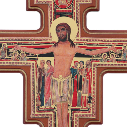Croce San Damiano in legno e invecchiamento oro. Altezza 13 cm