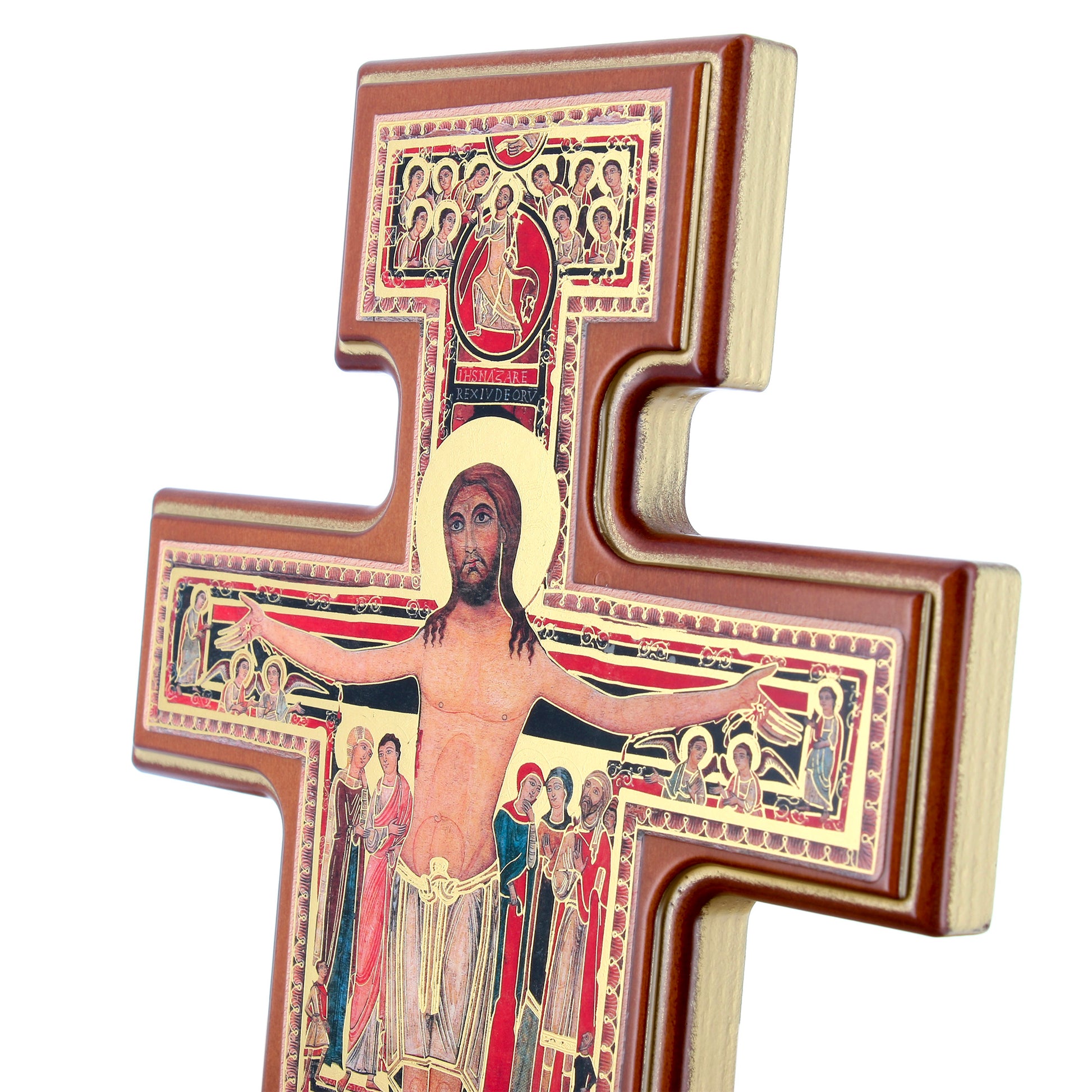 Croce San Damiano in legno e invecchiamento oro. Altezza 13 cm