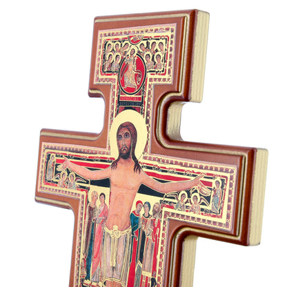 Croce San Damiano in legno e invecchiamento oro. Altezza 26 cm