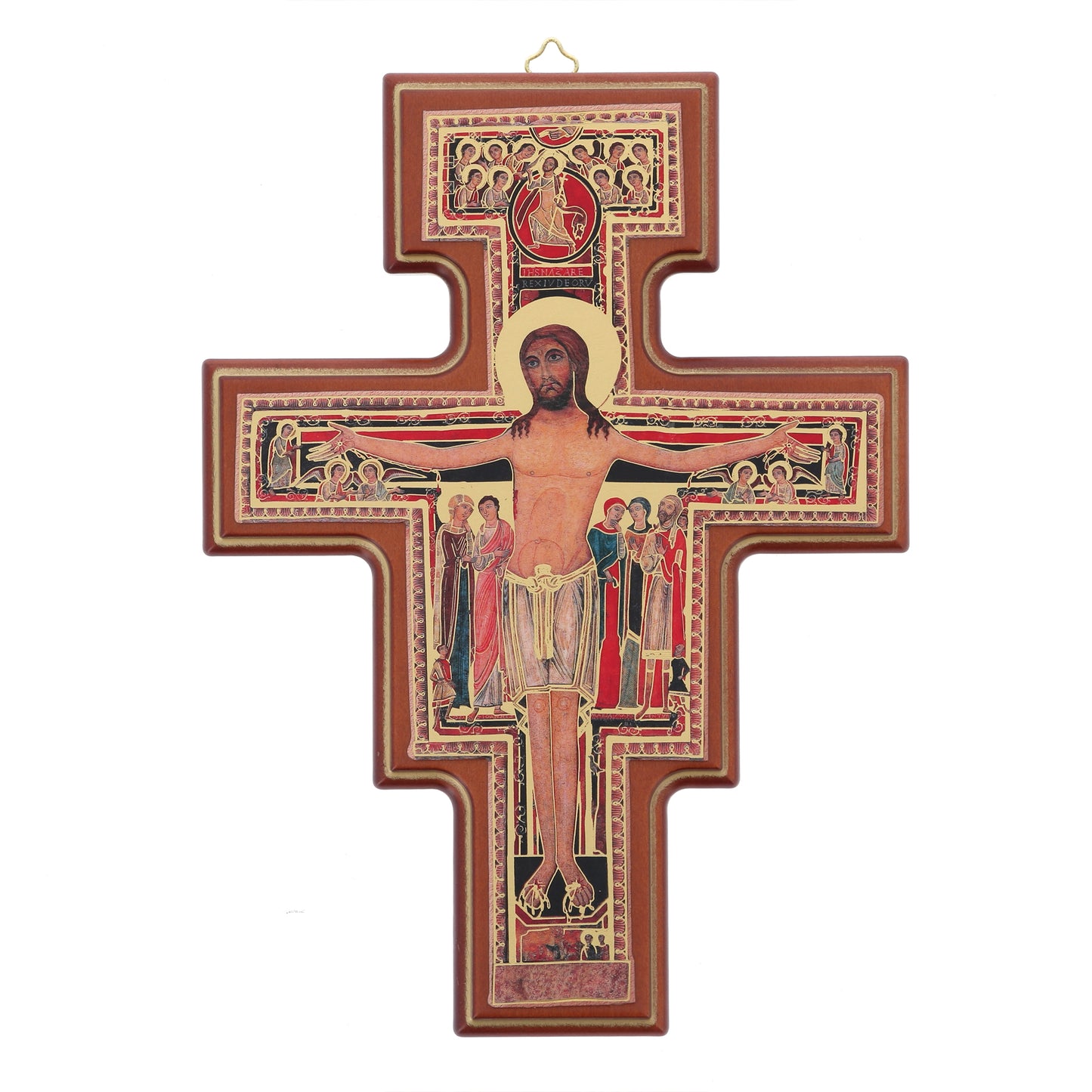 Croce San Damiano in legno e invecchiamento oro. Altezza 26 cm