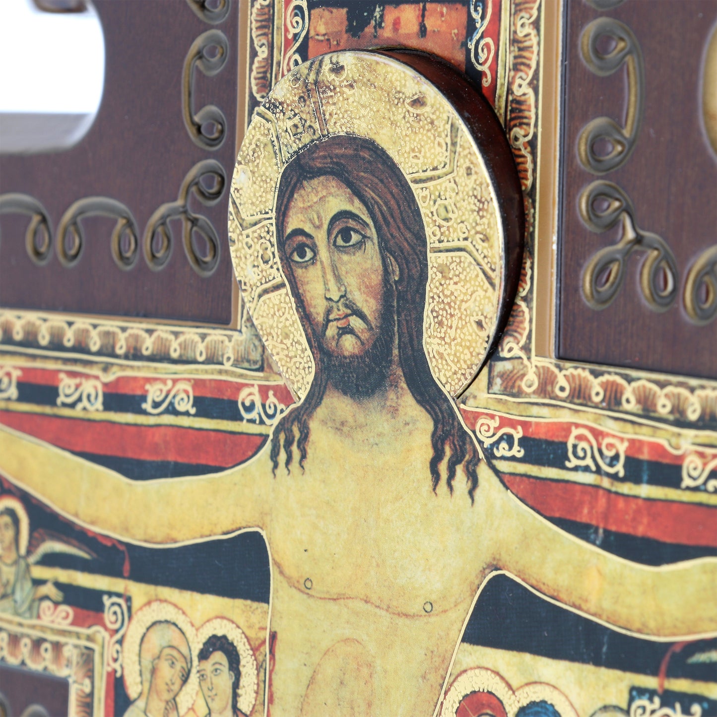 Croce San Damiano in legno con aureola Cristo in rilievo. Altezza 46 cm