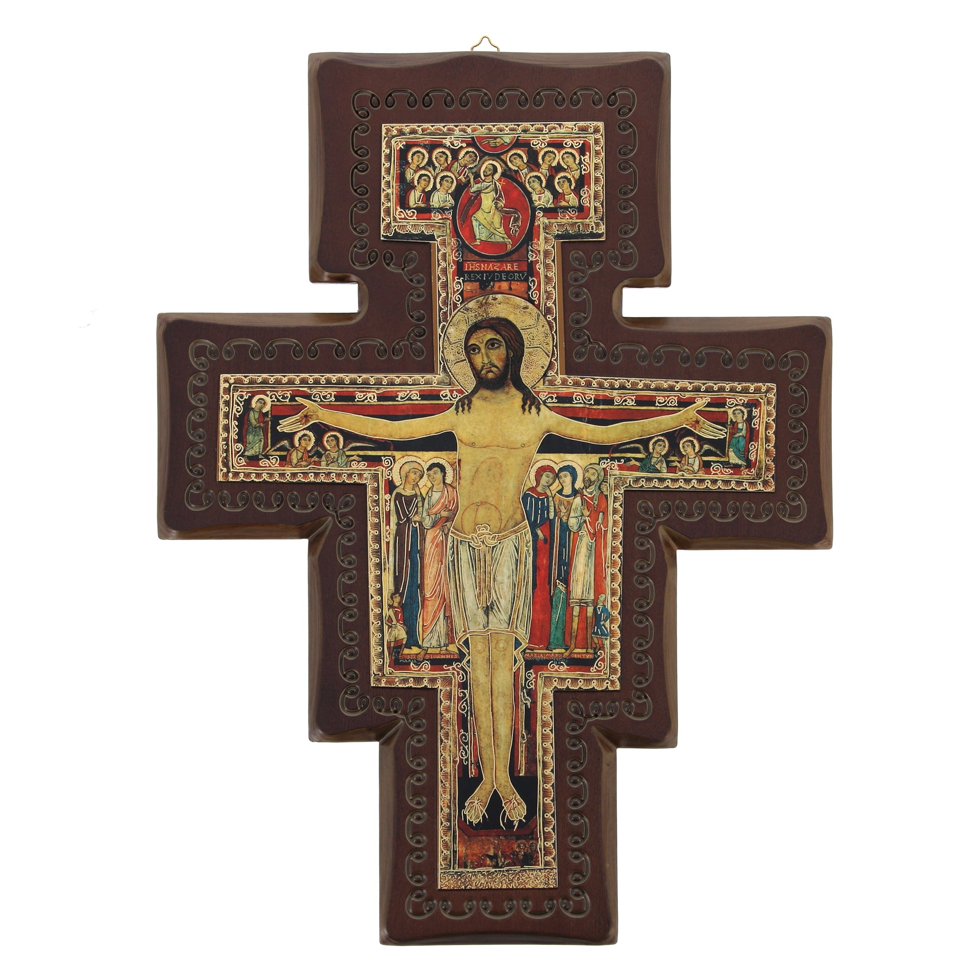 Croce San Damiano in legno con aureola Cristo in rilievo. Altezza 46 cm