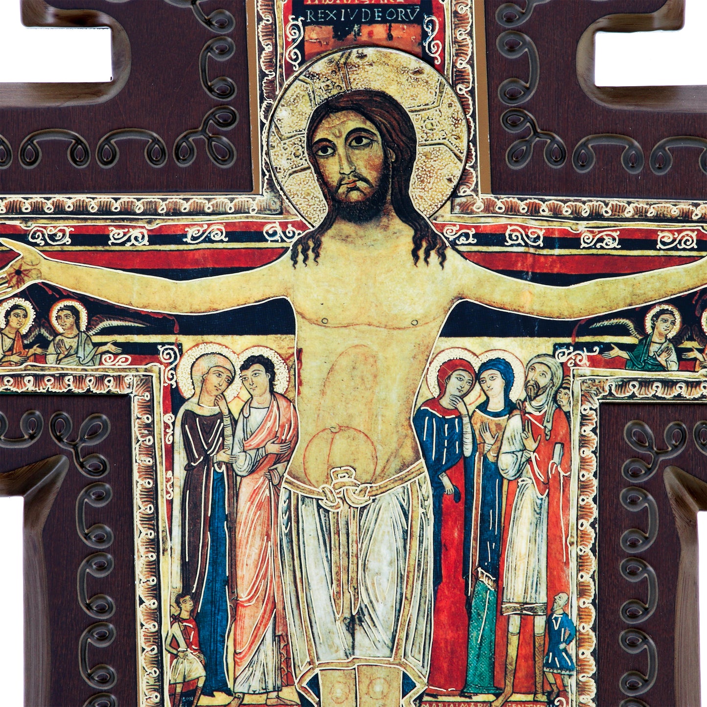 Croce San Damiano in legno con aureola Cristo in rilievo. Altezza 46 cm